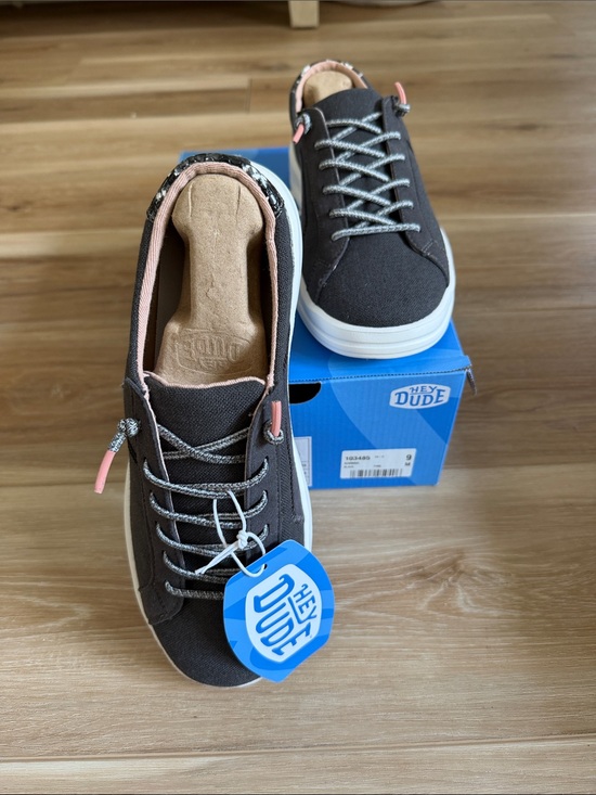 Hey Dude Shoes - Hey Dude Women's Karina Jet Black Canvas Sneakers with Pink & Snakeskin size 9